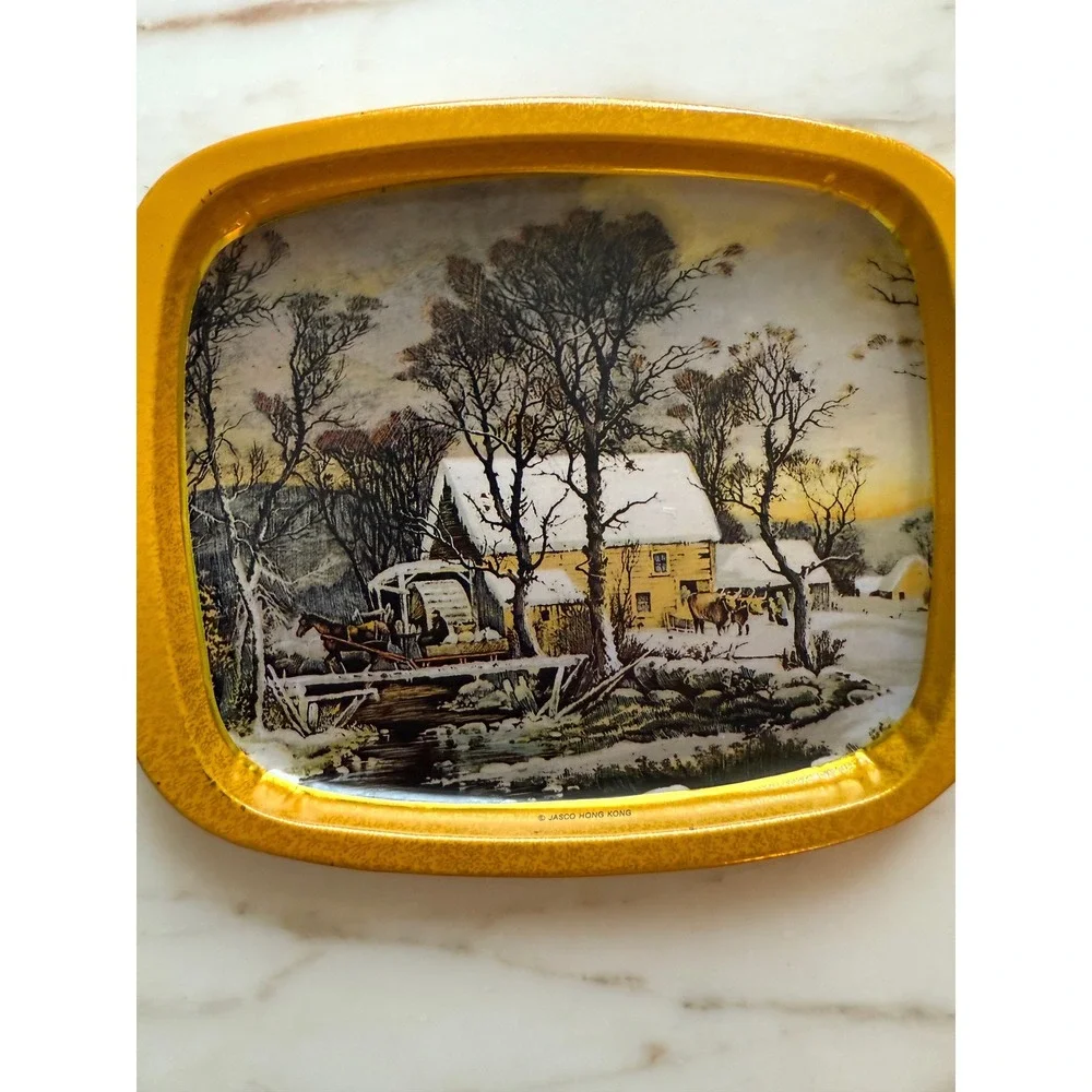 Vintage Jasco Hong Kong Winter Christmas Scene Metal Tray Gold Cottage Decor